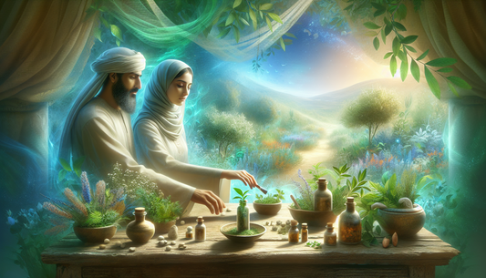 Herbalists preparing natural pain relief remedies using plants and ancient techniques in a lush garden