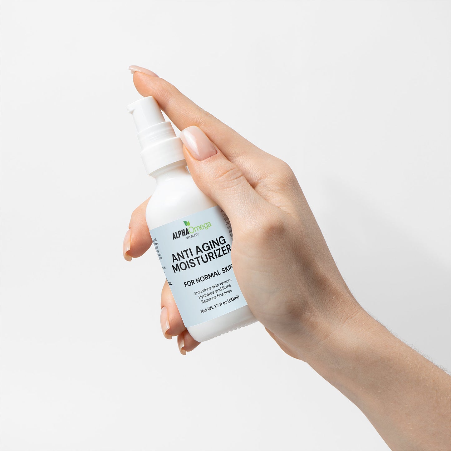 Hand holding Alpha Omega Vitality anti aging moisturizer for normal skin in a sleek bottle