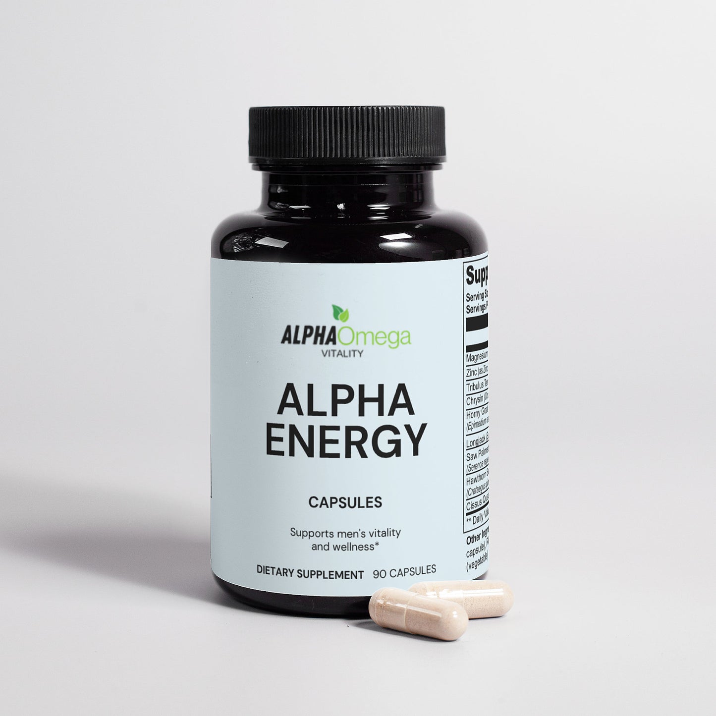 Alpha Omega Vitality Alpha Energy supplement capsules for men's vitality and wellness, 90 capsules