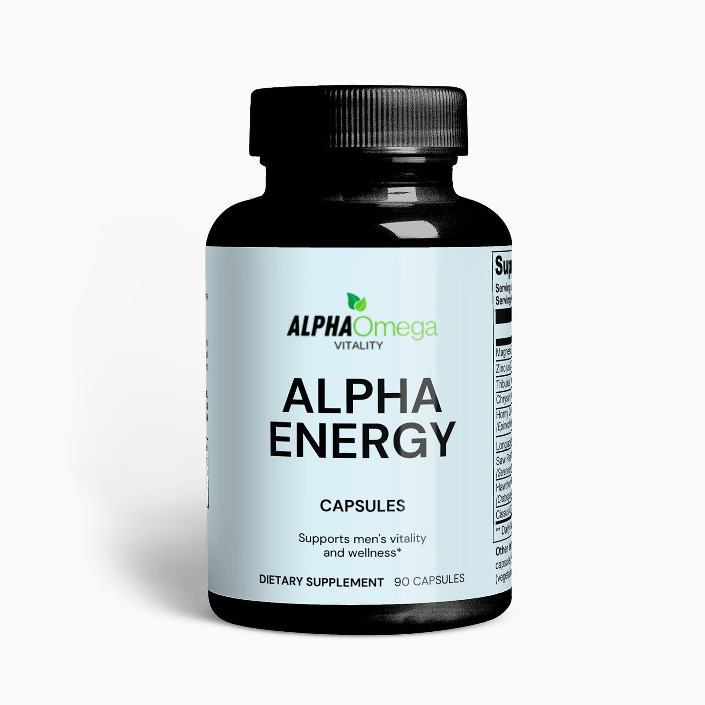 Alpha Omega Vitality Alpha Energy supplement capsules support men's vitality and wellness, 90 capsules in a bottle
