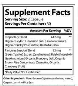 Alpha Omega Vitality Pancreas health supplement Supplement Facts showing ingredients and serving size