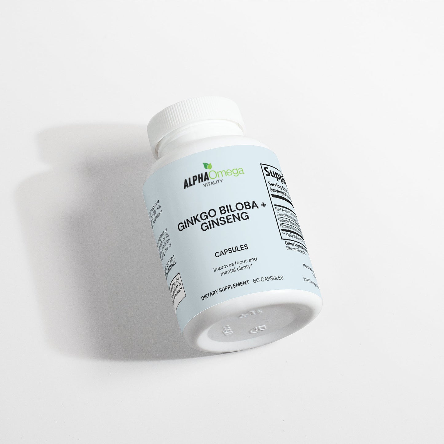 Alpha Omega Vitality Ginkgo Biloba and Ginseng capsules in a white bottle for brain health and energy support