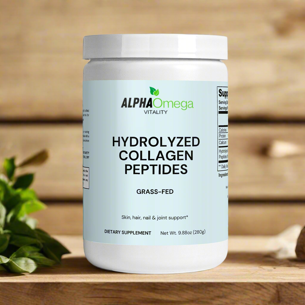 Alpha Omega Vitality Hydrolyzed Collagen Peptides for skin hair and joint support, grass-fed formula