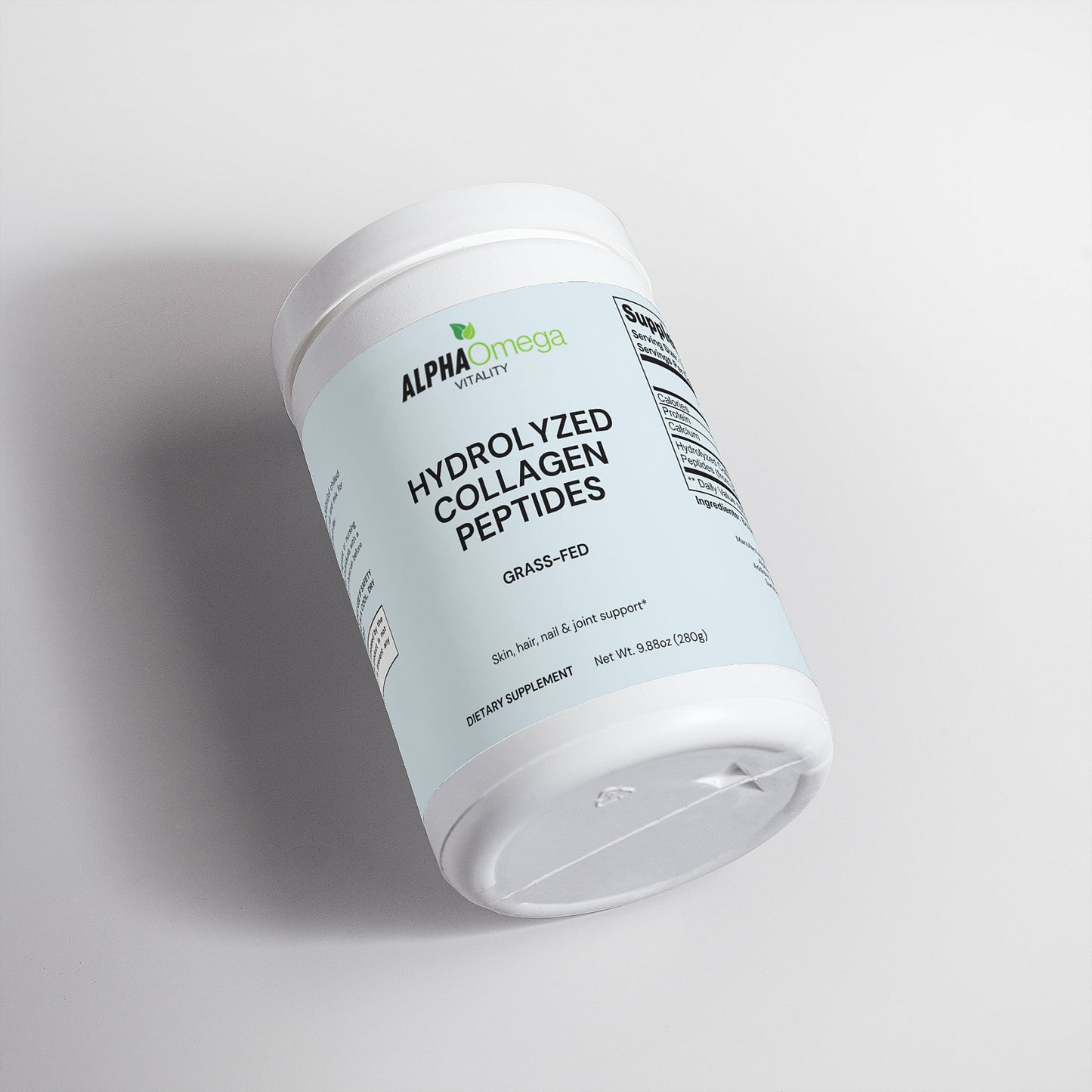 Alpha Omega Vitality Hydrolyzed Collagen Peptides container marked grass-fed for skin and joint support
