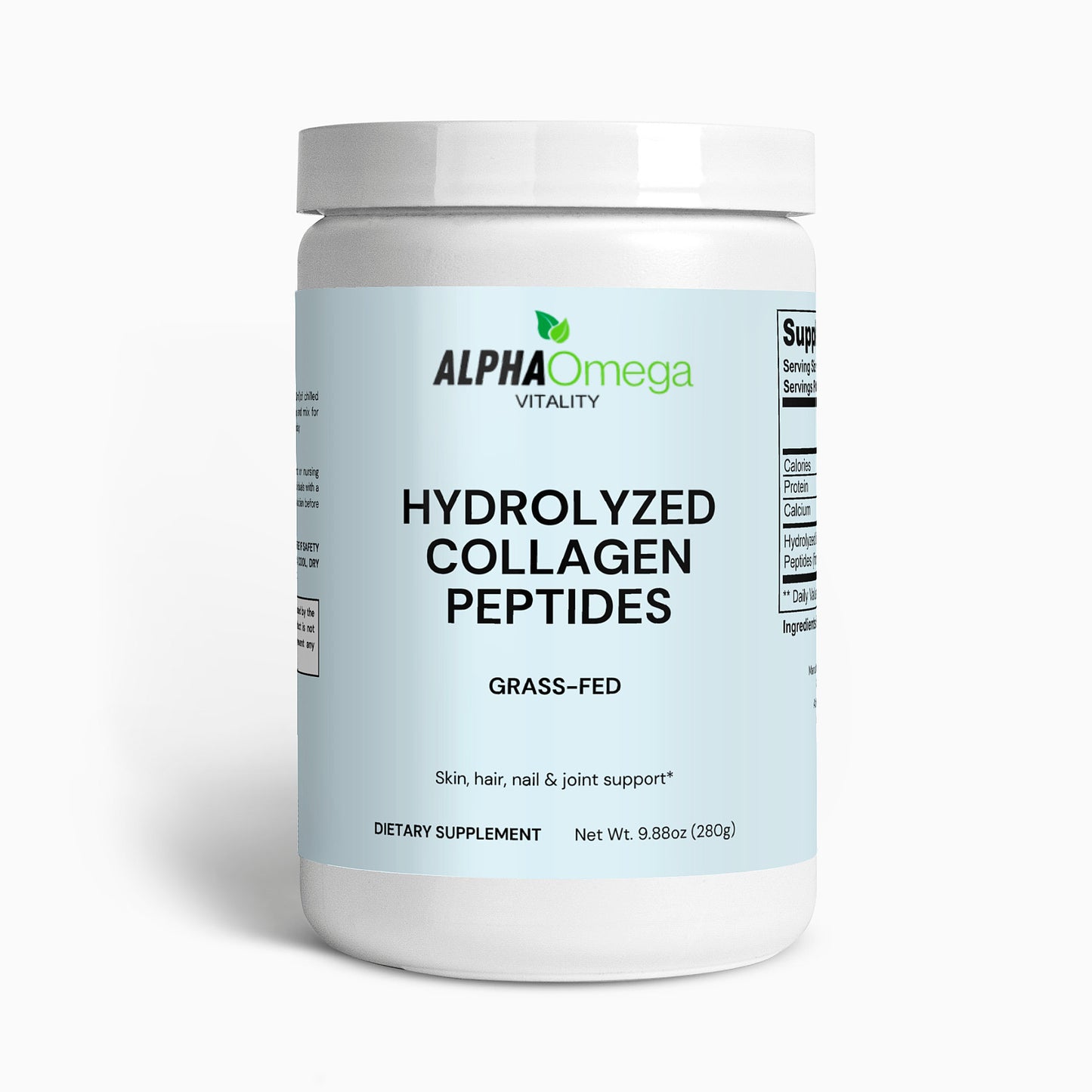 Alpha Omega Vitality Hydrolyzed Collagen Peptides in a white container for skin hair nail support with grass-fed quality