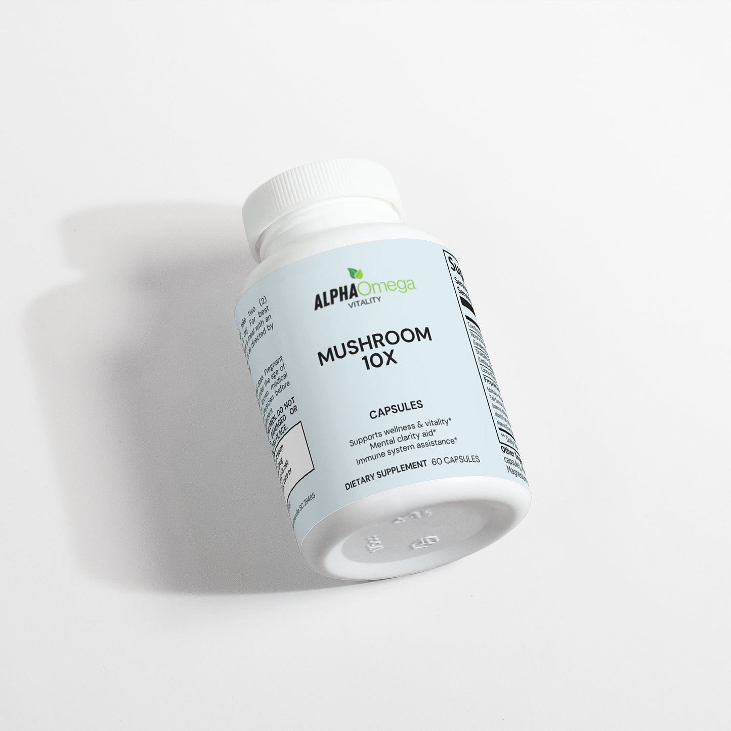 Alpha Omega Vitality Mushroom Complex Supplement in capsule form for immune support and vitality