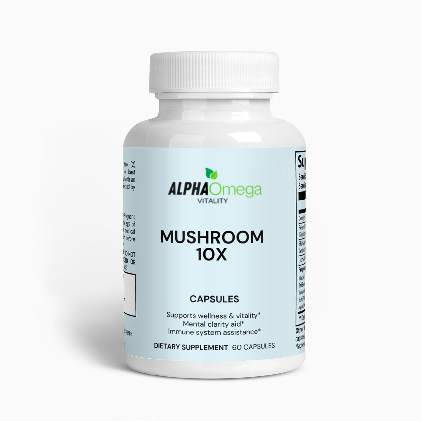 Alpha Omega Vitality Mushroom Complex Supplement in a bottle of 60 capsules for wellness and vitality