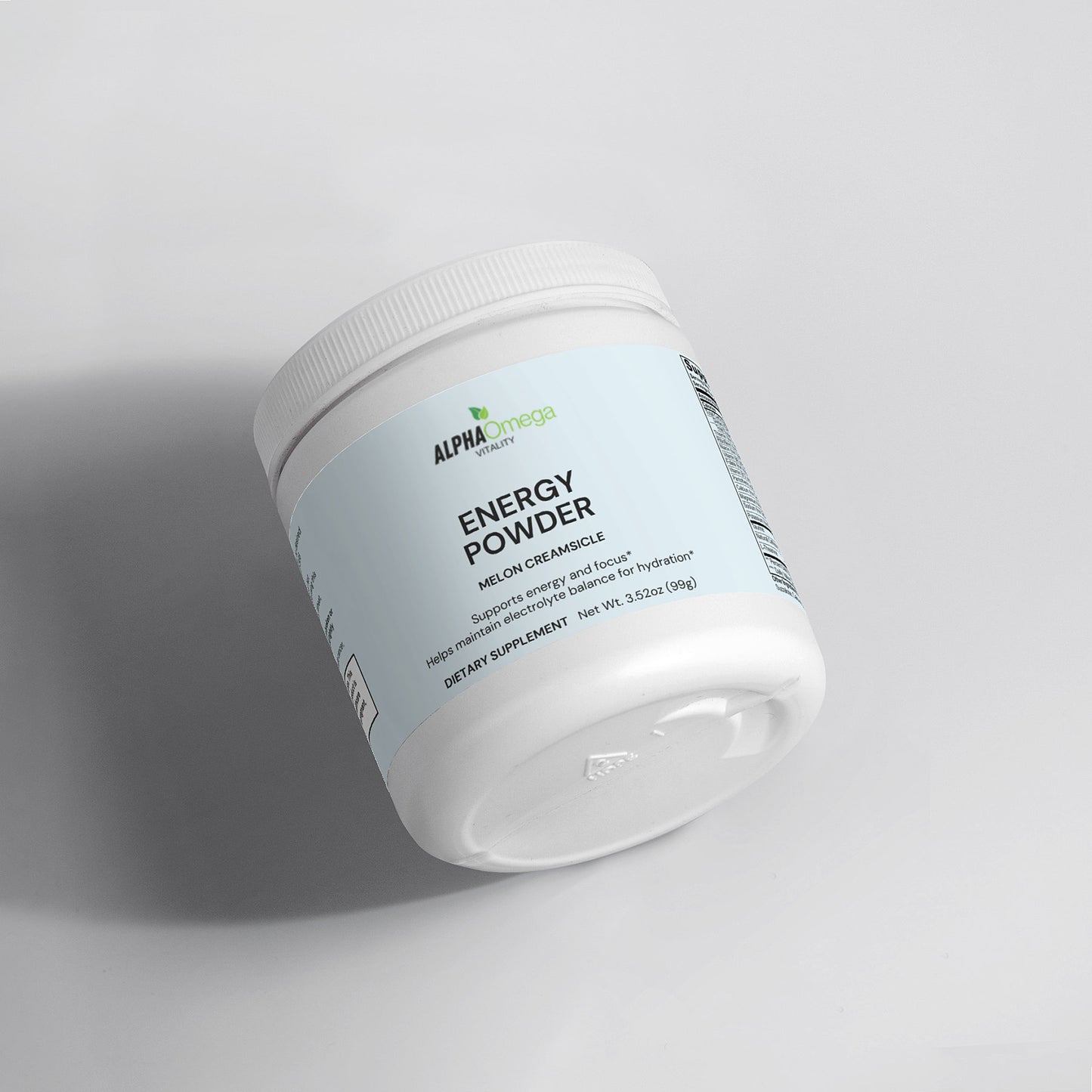 Alpha Omega Vitality Energy Powder in white container, a natural energy supplement for enhanced vitality