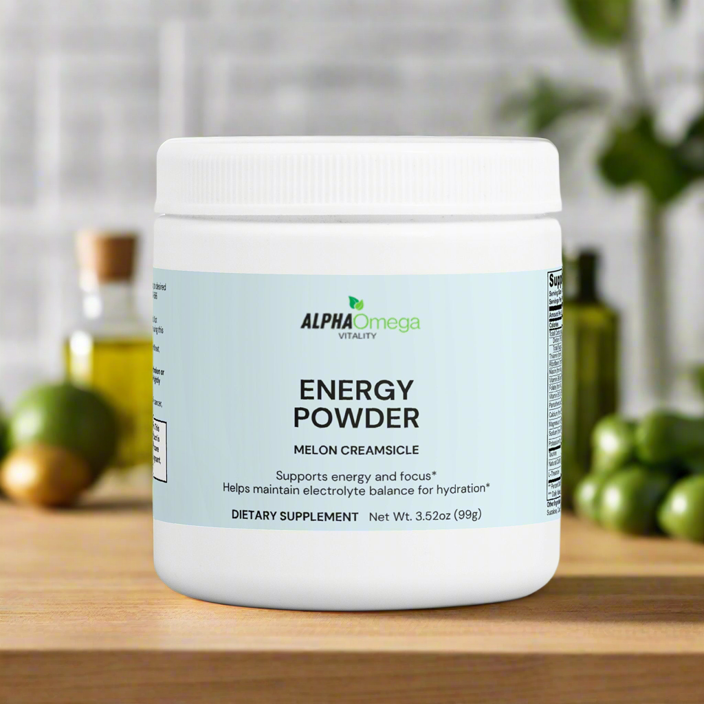 Alpha Omega Vitality Melon Creamsicle Energy Powder as a natural energy supplement to enhance focus and hydration