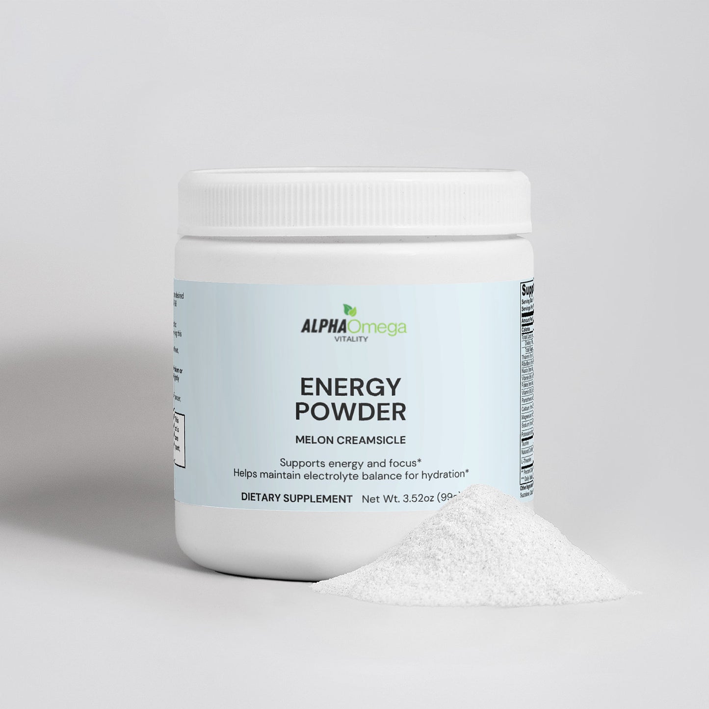 Alpha Omega Vitality Melon Creamsicle Energy Powder, a natural energy supplement for hydration and focus