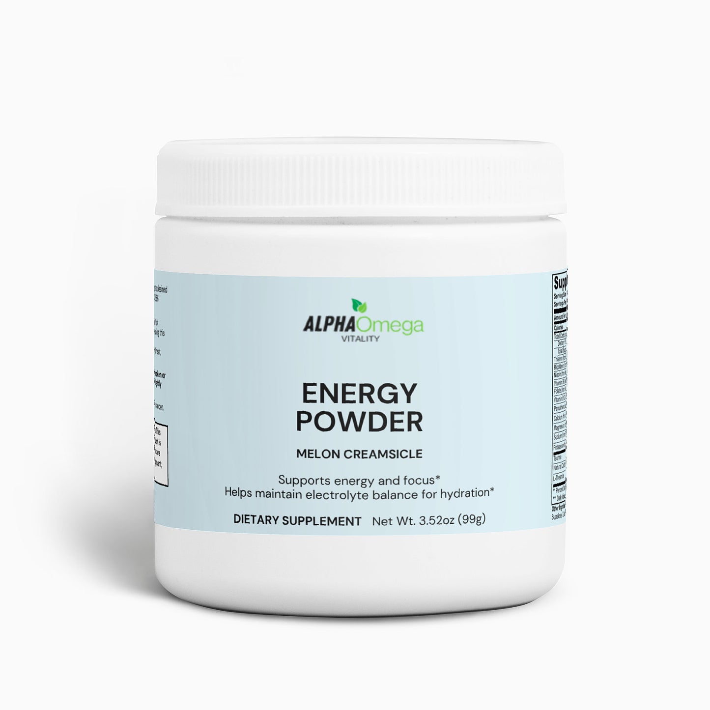 Alpha Omega Vitality Energy Powder in Melon Creamsicle flavor, a natural energy supplement for energy and focus