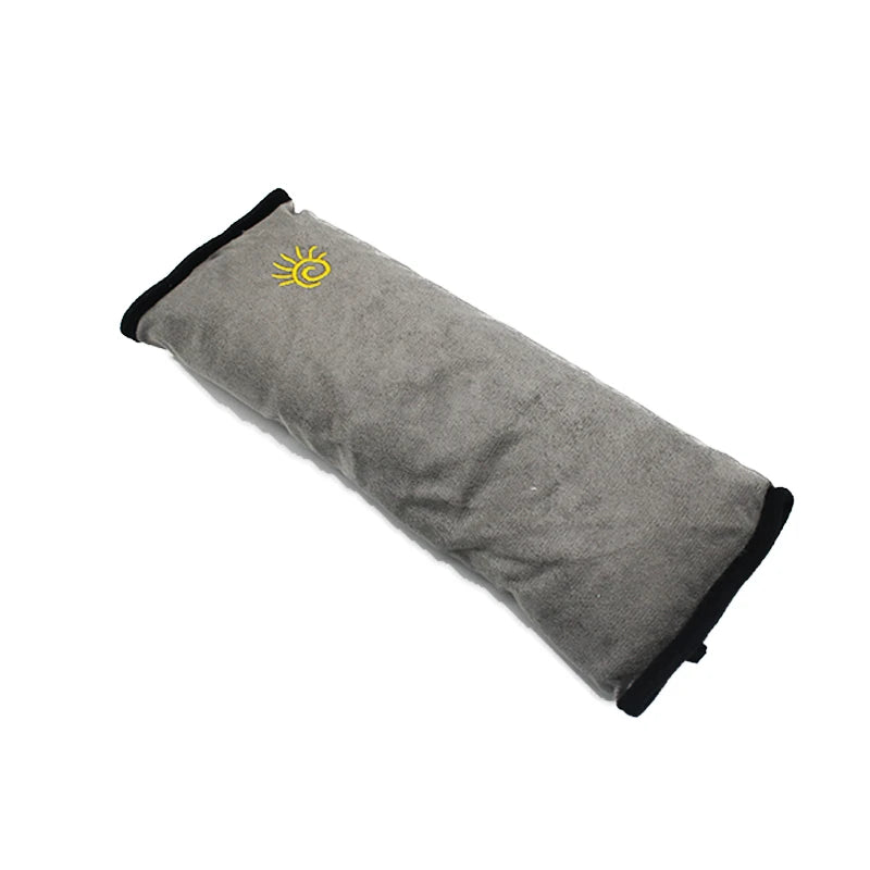 Soft gray children's car seat cushion with black trim for added comfort during travel