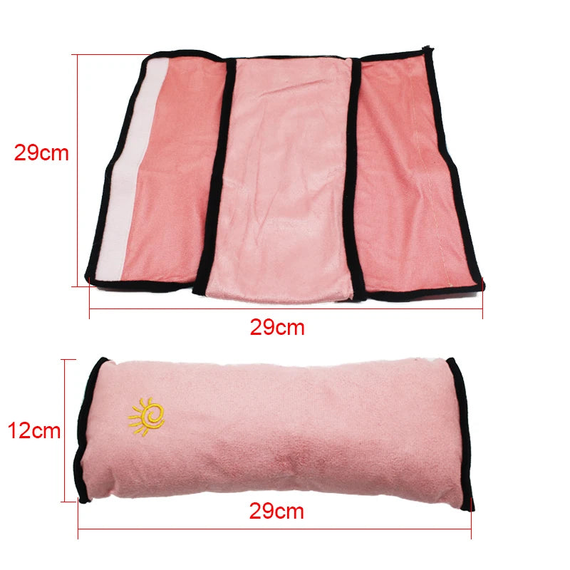 Pink children's car seat cushion with soft material and adjustable straps for comfort and safety