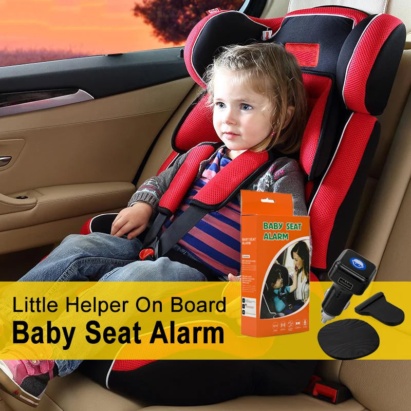 Alpha Omega Vitality Baby Seat Alarm System shown with child in car seat for safety and awareness