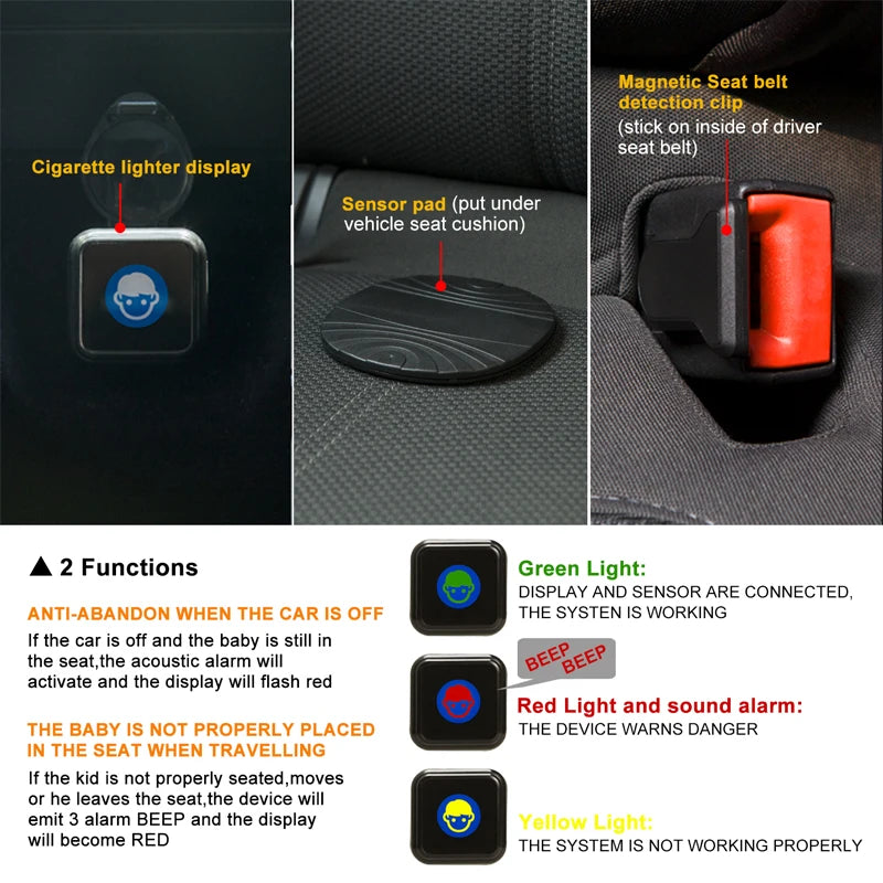 Alpha Omega Vitality baby seat alarm system with sensor pad and visual alerts for safe travel