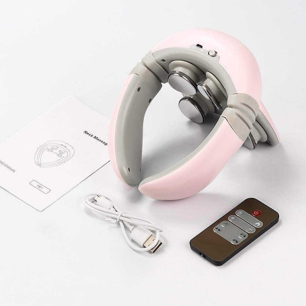 4D neck massager with remote in pink with USB cable and user manual for relaxation and pain relief