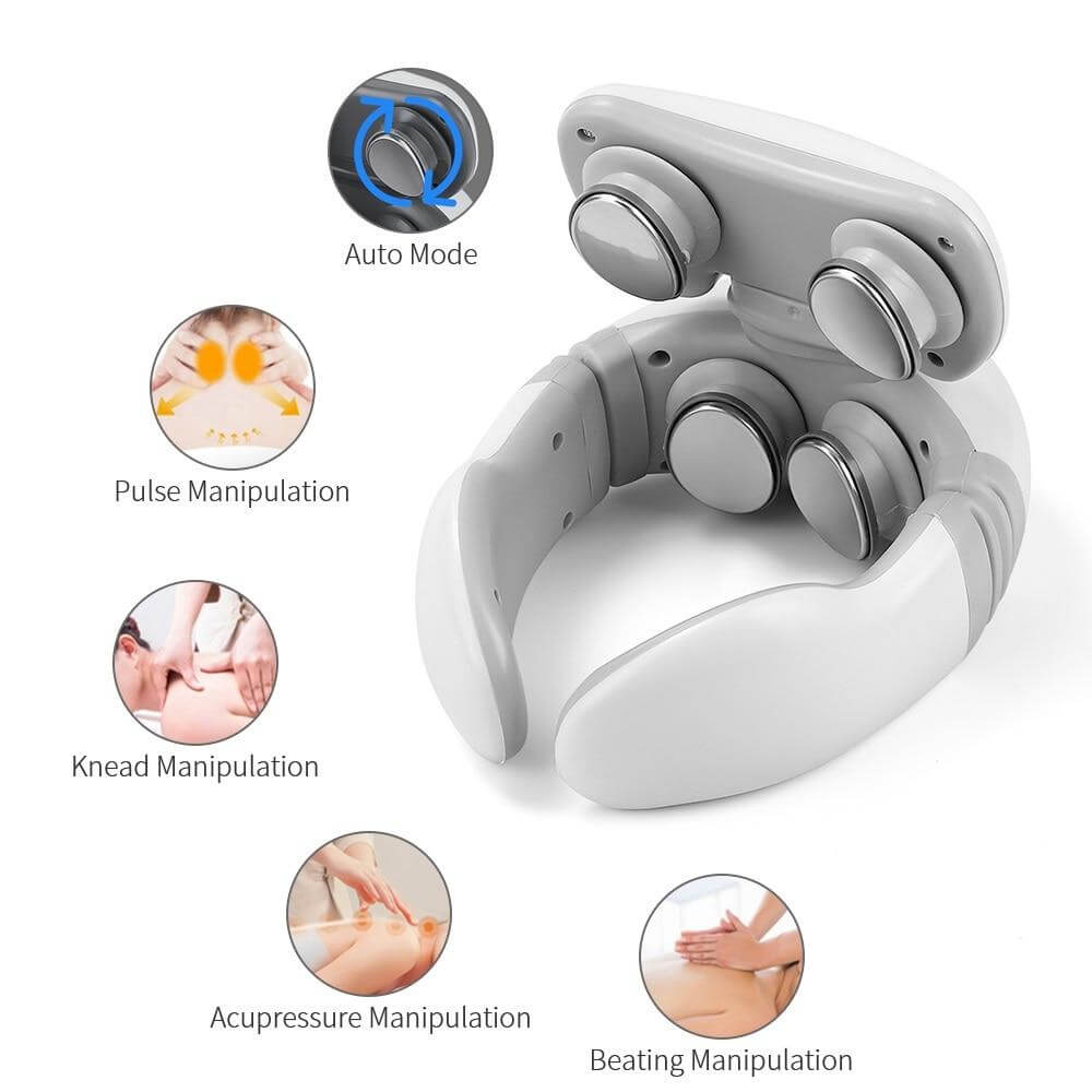 4D neck massager with remote featuring auto mode and various manipulation techniques for relaxation