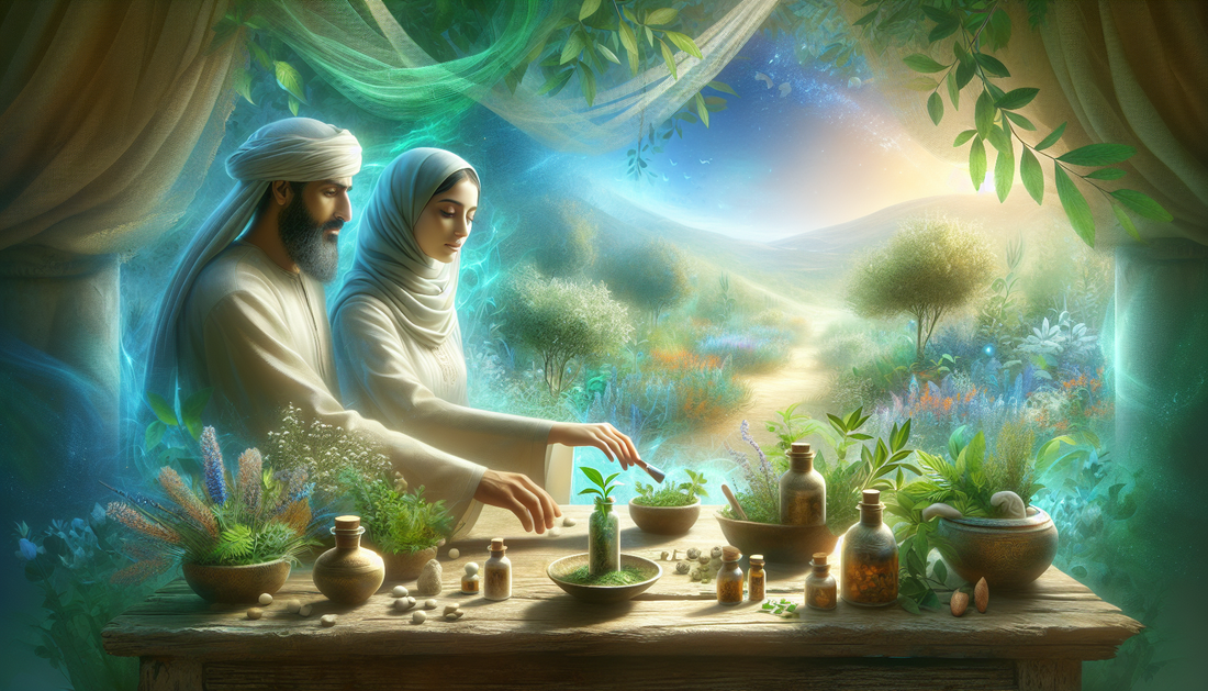 Herbalists preparing natural pain relief remedies using plants and ancient techniques in a lush garden
