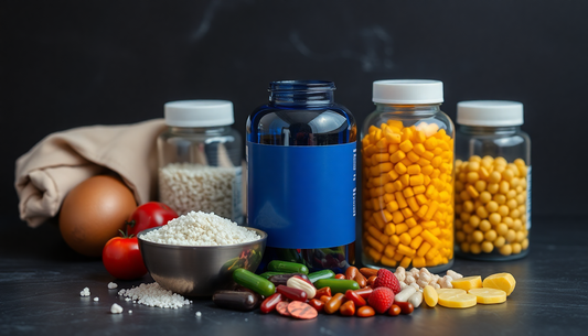Variety of natural energy supplements displayed with fruits, grains, and vegetables for health benefits