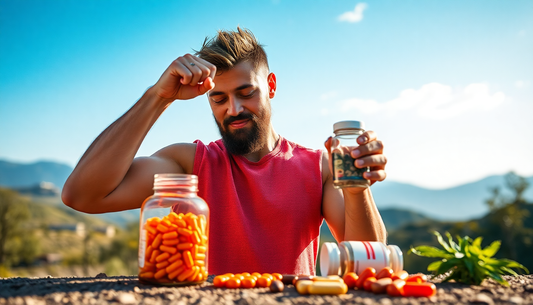 Man showcasing natural energy boosters with colorful capsules and jars outdoors