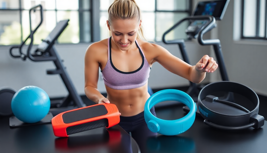 Woman exploring wellness gadgets for health in a modern gym setting with exercise equipment