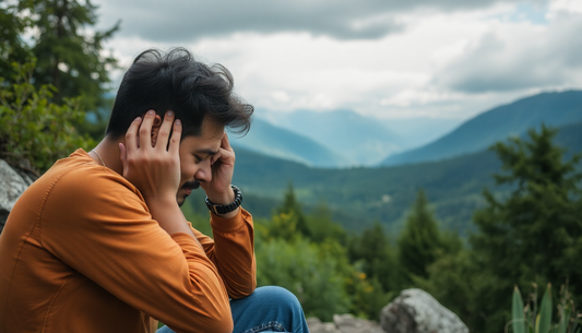 Man sitting outdoors in nature, seeking calm with natural supplements for anxiety relief in view