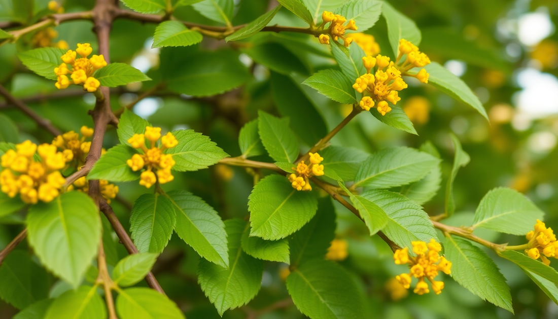 Close-up of Berberine-rich plant highlighting its yellow flowers and green leaves, showcasing berberine supplement benefits