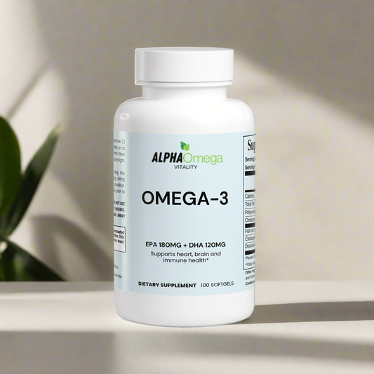 Alpha Omega Vitality Omega-3 softgels, premium omega-3 for heart health, supports brain and immune health