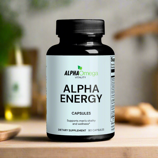 Alpha Omega Vitality Alpha Energy supplement capsules for men's vitality and wellness, 90 capsules bottle