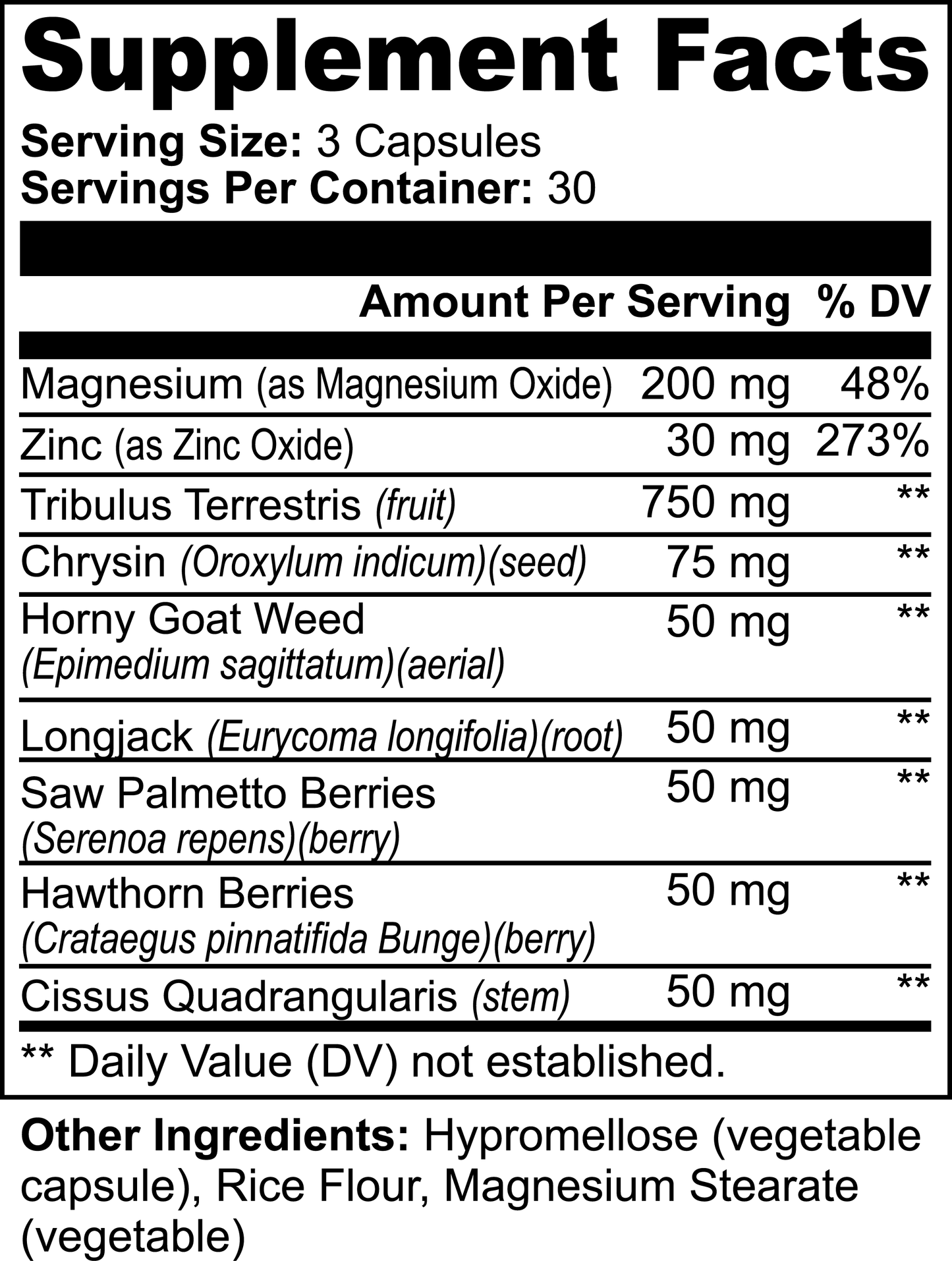 Label for Alpha Energy supplement featuring ingredients like Magnesium and Tribulus Terrestris