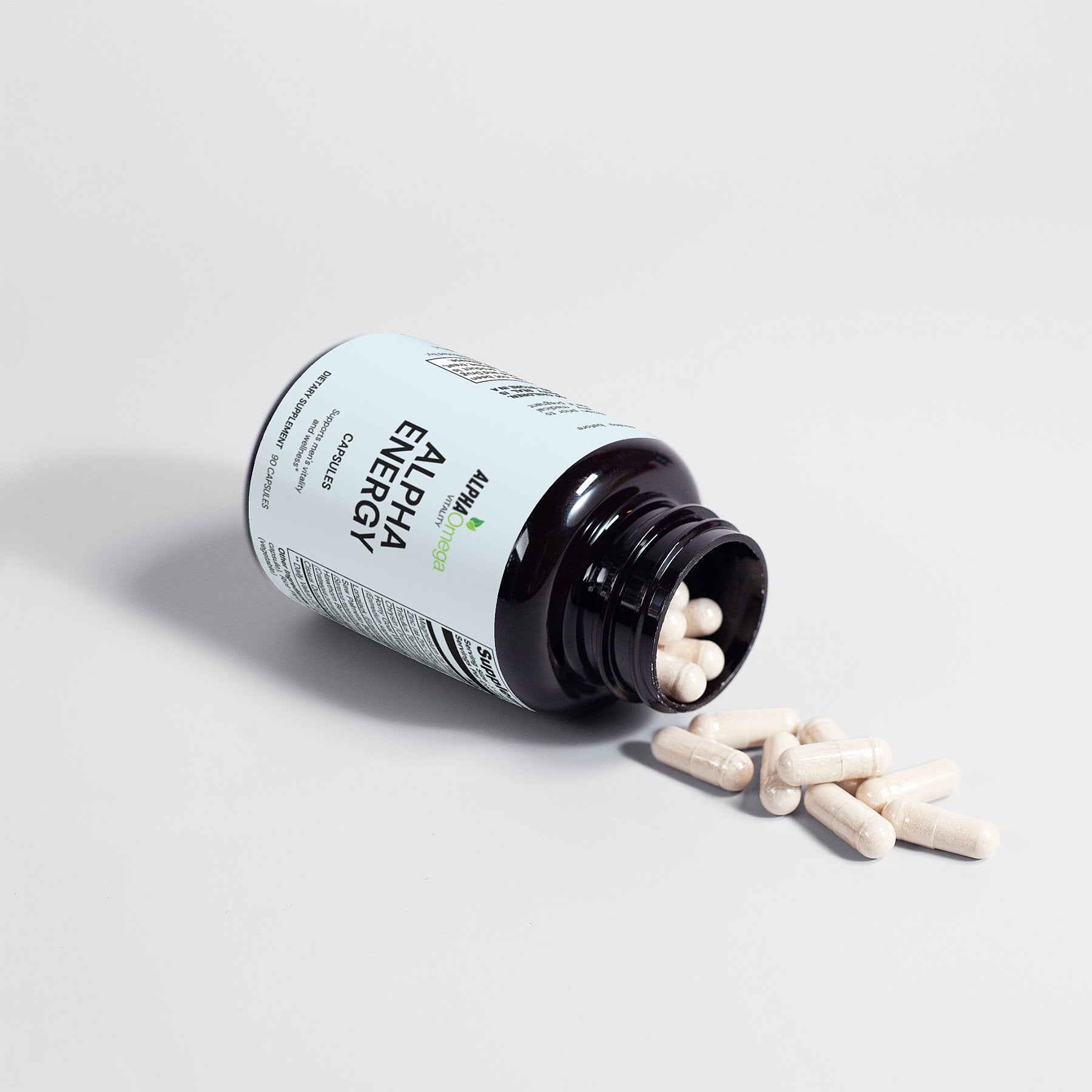 Alpha Omega Vitality Alpha Energy supplement bottle with white capsules spilling out