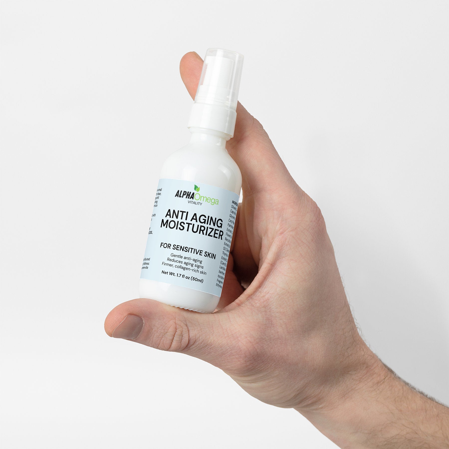 Alpha Omega Vitality anti aging moisturizer for sensitive skin in a hand with a spray nozzle