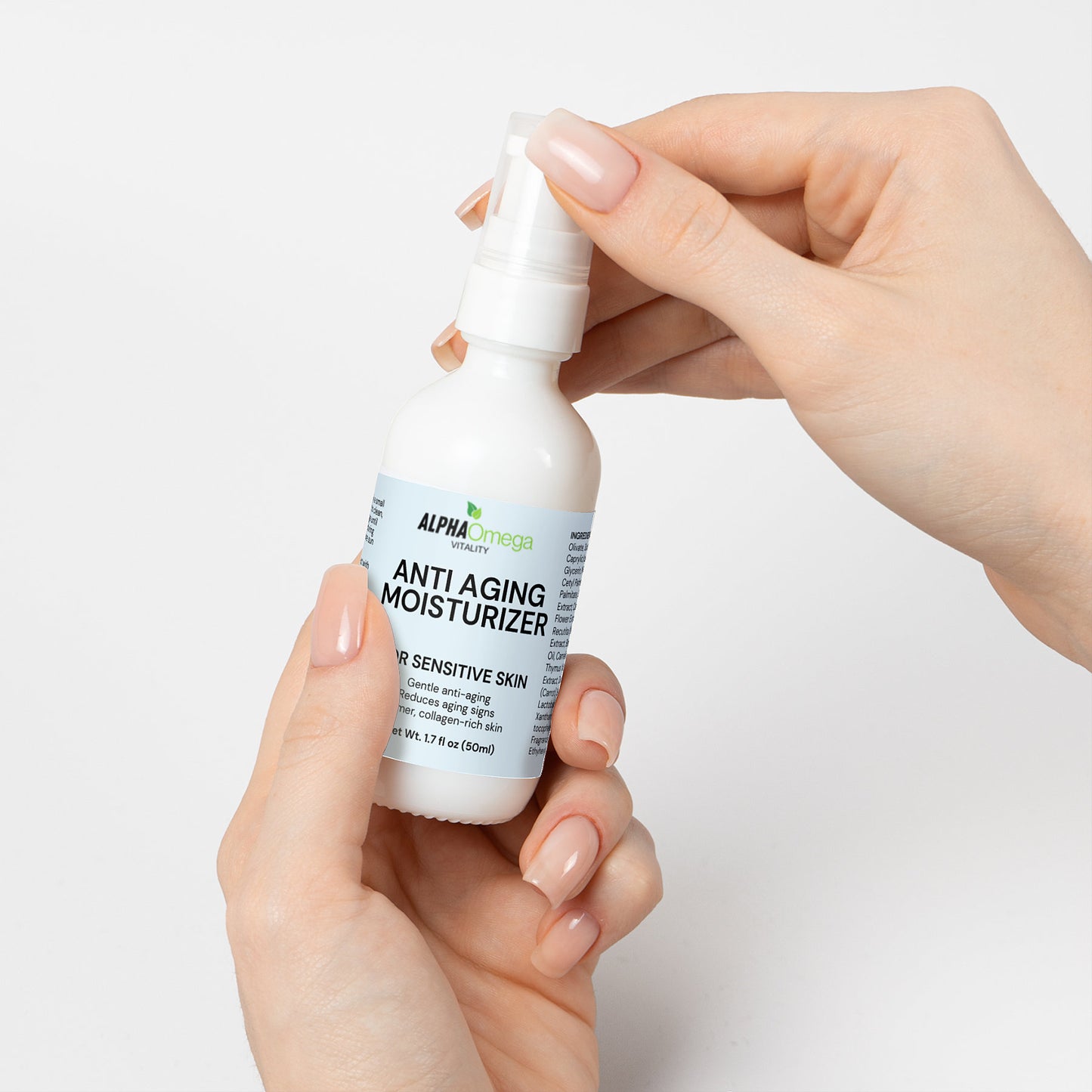 Alpha Omega Vitality Anti Aging Moisturizer for Sensitive Skin in a handy spray bottle, perfect for daily use