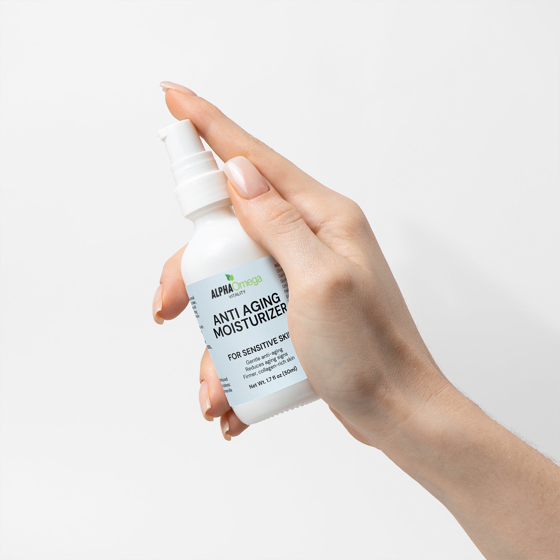 Alpha Omega Vitality anti aging moisturizer for sensitive skin in a white bottle held in a hand