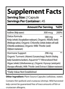 Supplement facts for Alpha Omega Vitality thyroid support supplement showing ingredients and serving details