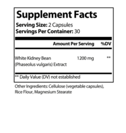 Supplement facts for Alpha Omega Vitality white kidney bean carb blocker in a 30-serving container
