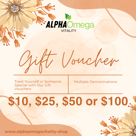 Alpha Omega Vitality gift certificate available in $10, $25, $50, or $100 denominations