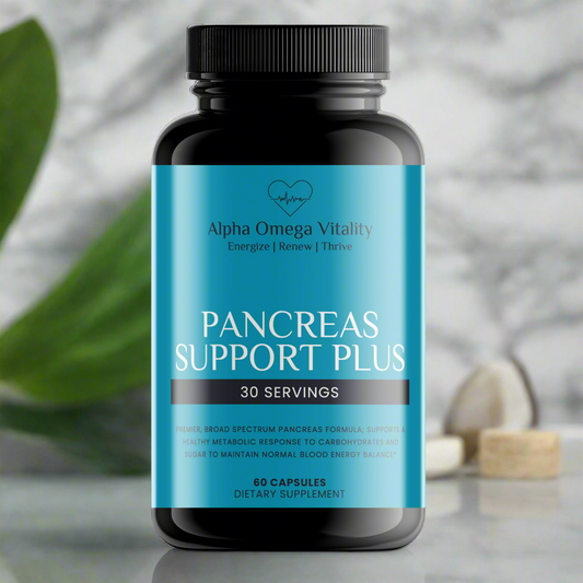 Alpha Omega Vitality Pancreas Health Supplement in a black bottle with 60 capsules for metabolic support