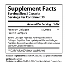 Supplement facts label for Alpha Omega Vitality premium collagen capsules with protein complex details