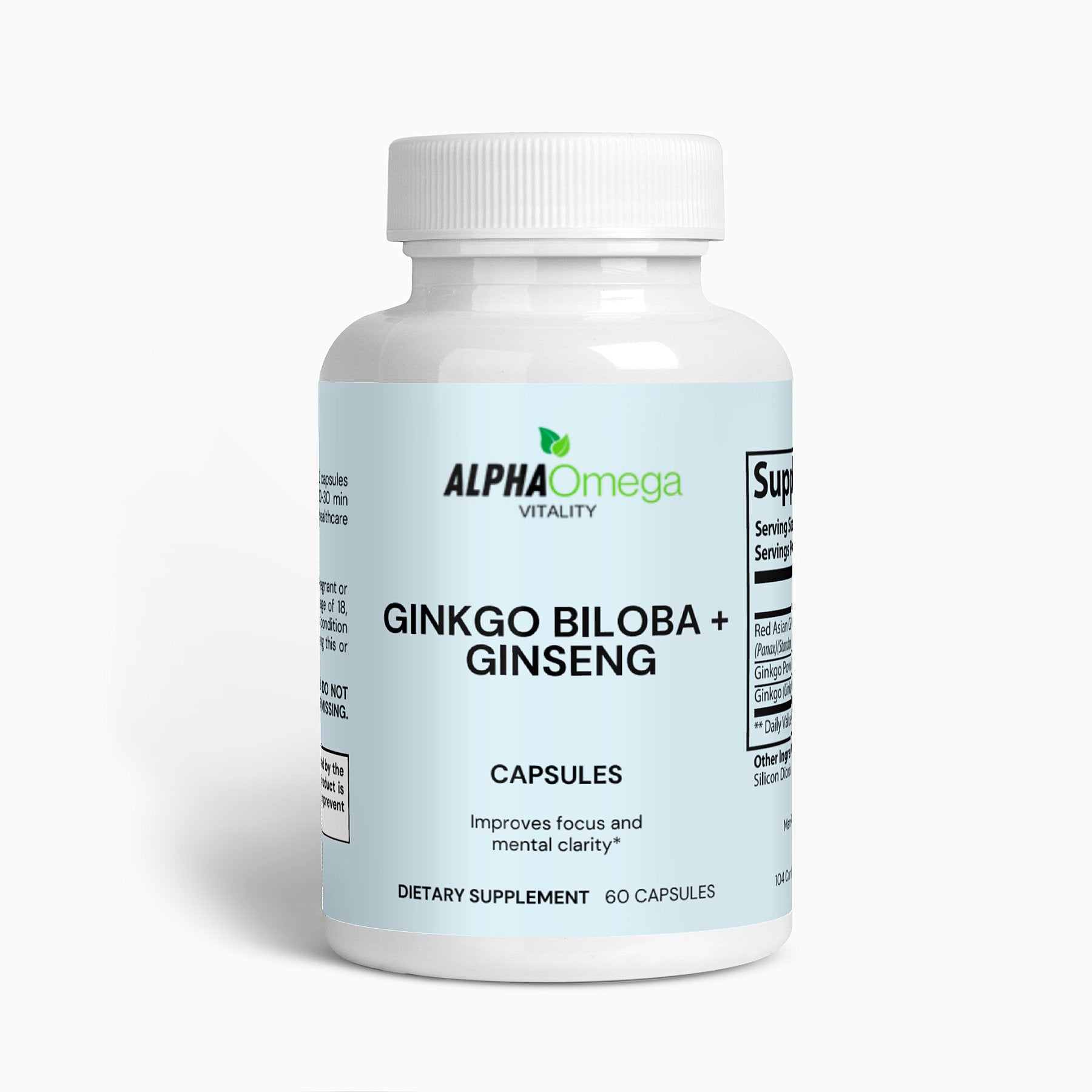 Alpha Omega Vitality Ginkgo Biloba and Ginseng capsules for improved focus and mental clarity