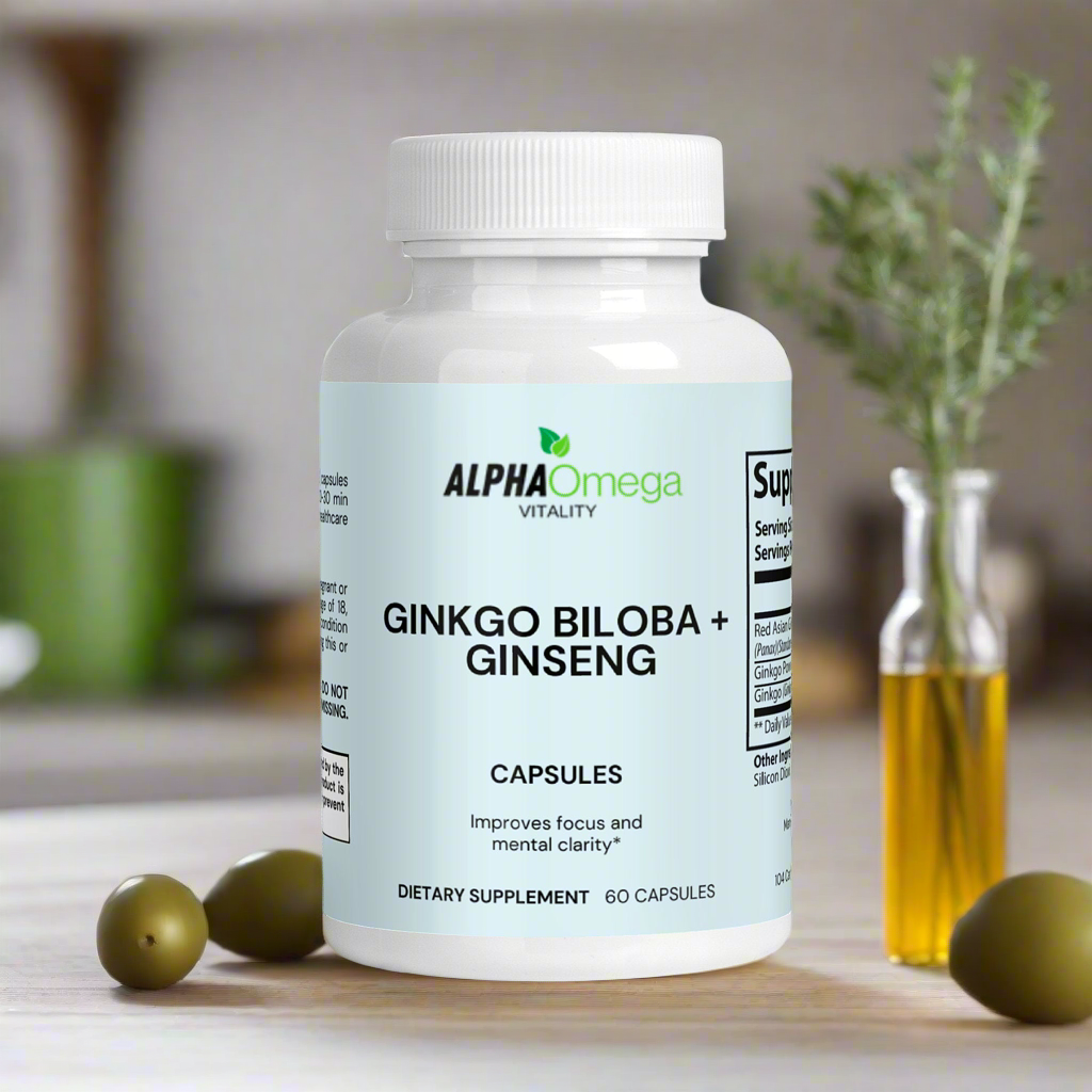 Alpha Omega Vitality Ginkgo Biloba and Ginseng capsules in a bottle, enhancing focus and mental clarity