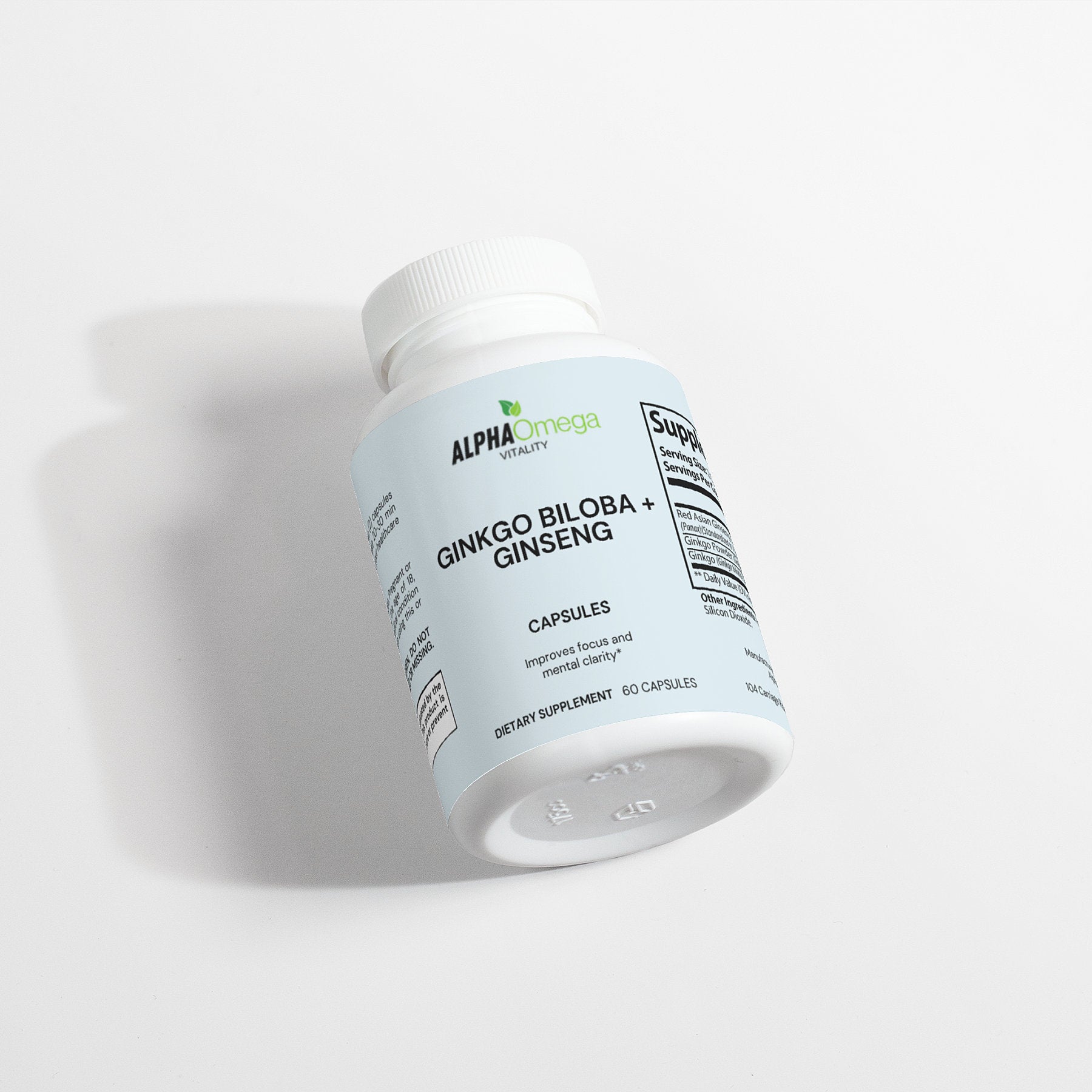 Alpha Omega Vitality Ginkgo Biloba and Ginseng capsules in a white bottle for brain health and energy support