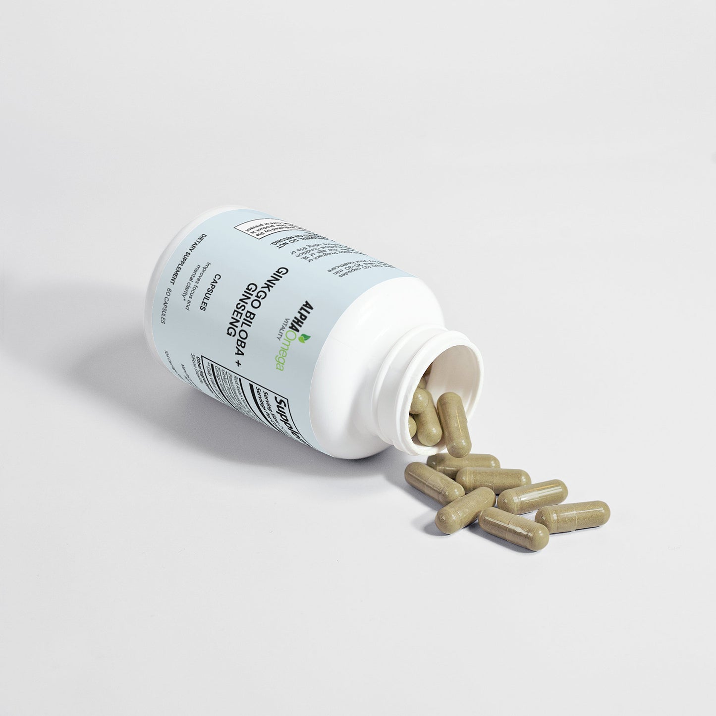 Alpha Omega Vitality Ginkgo Biloba and Ginseng capsules in a white bottle with capsules spilling out