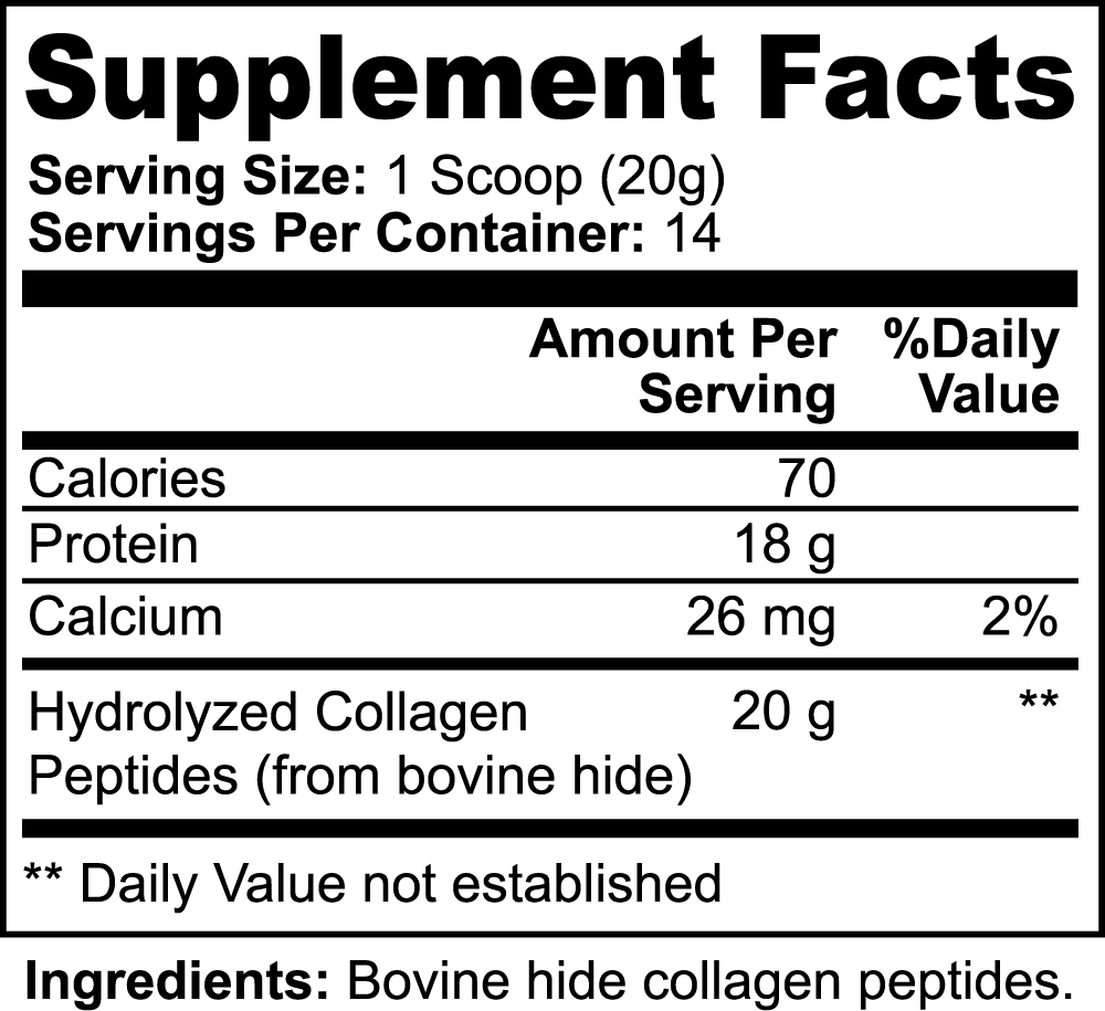Alpha Omega Vitality grass-fed collagen peptides pack with detailed supplement facts and ingredient information