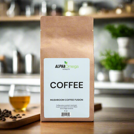 Alpha Omega Vitality Lion's Mane mushroom coffee blend in eco-friendly packaging for enhanced focus