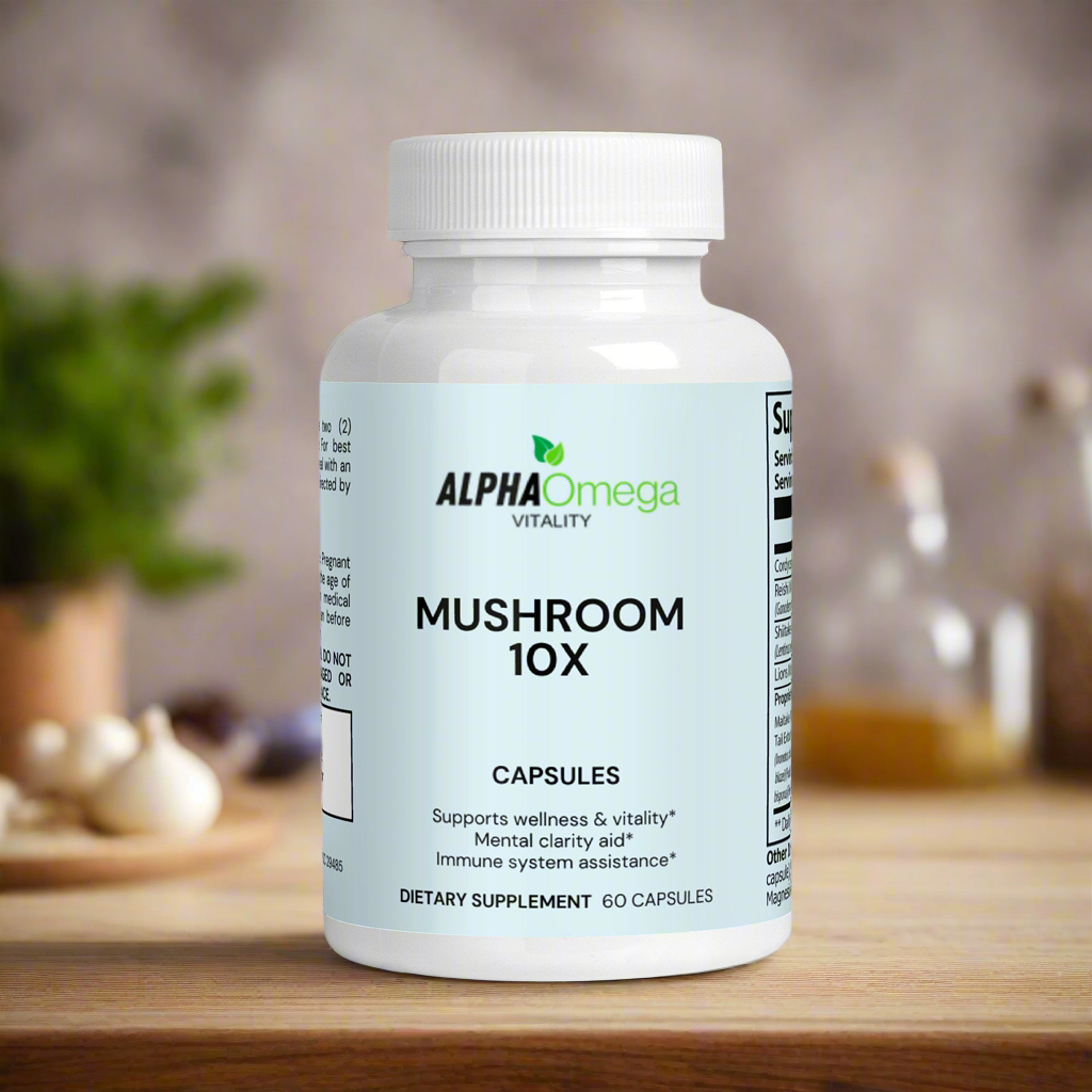 Alpha Omega Vitality Mushroom Complex Supplement in a 60-capsule bottle for wellness and vitality support