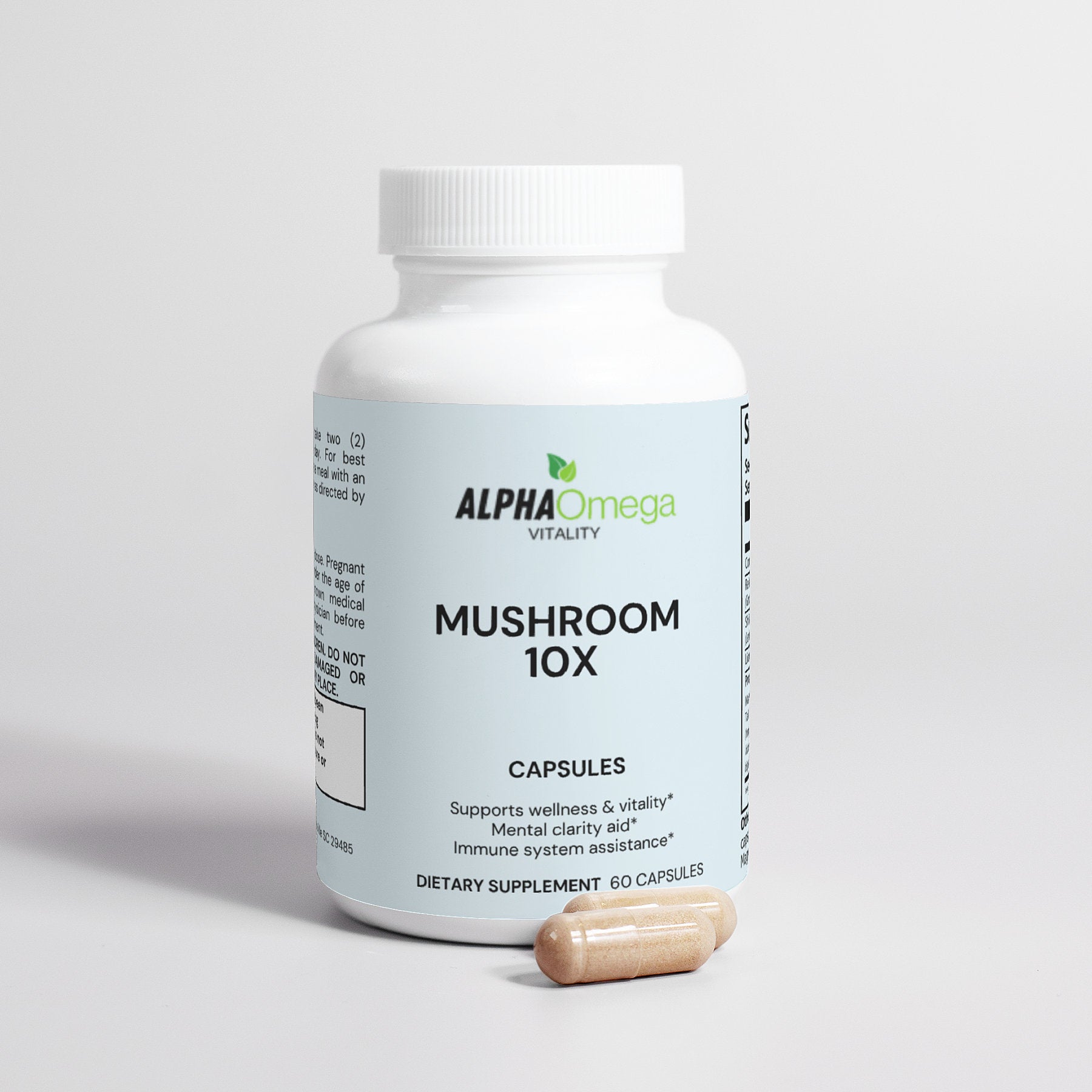 Alpha Omega Vitality Mushroom Complex Supplement in a bottle with 60 capsules for wellness and vitality support