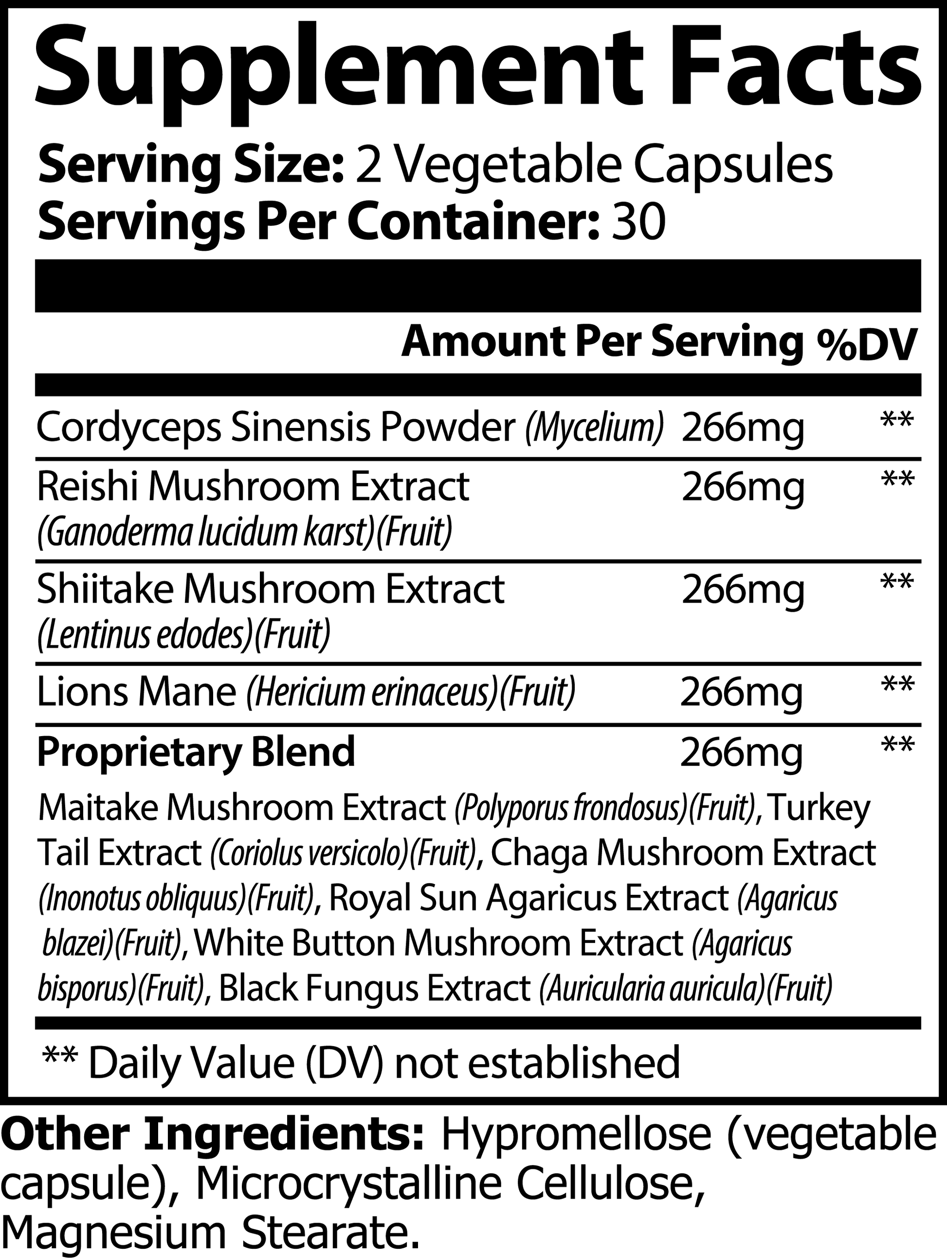Mushroom Complex Supplement Supplement Facts label showing ingredients and serving sizes for natural extracts