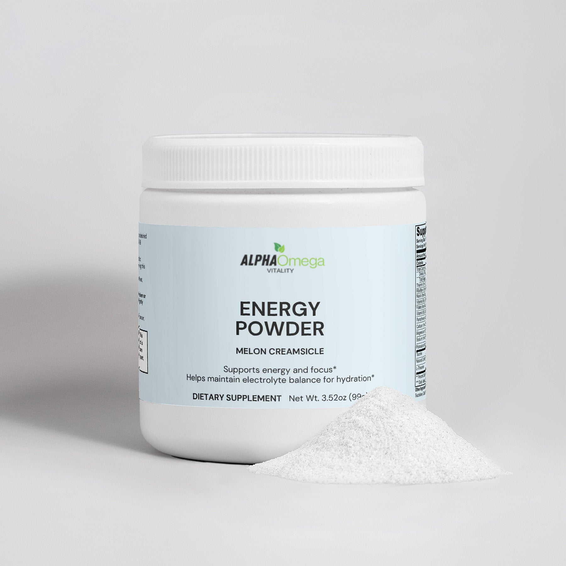Alpha Omega Vitality Melon Creamsicle Energy Powder, a natural energy supplement for hydration and focus