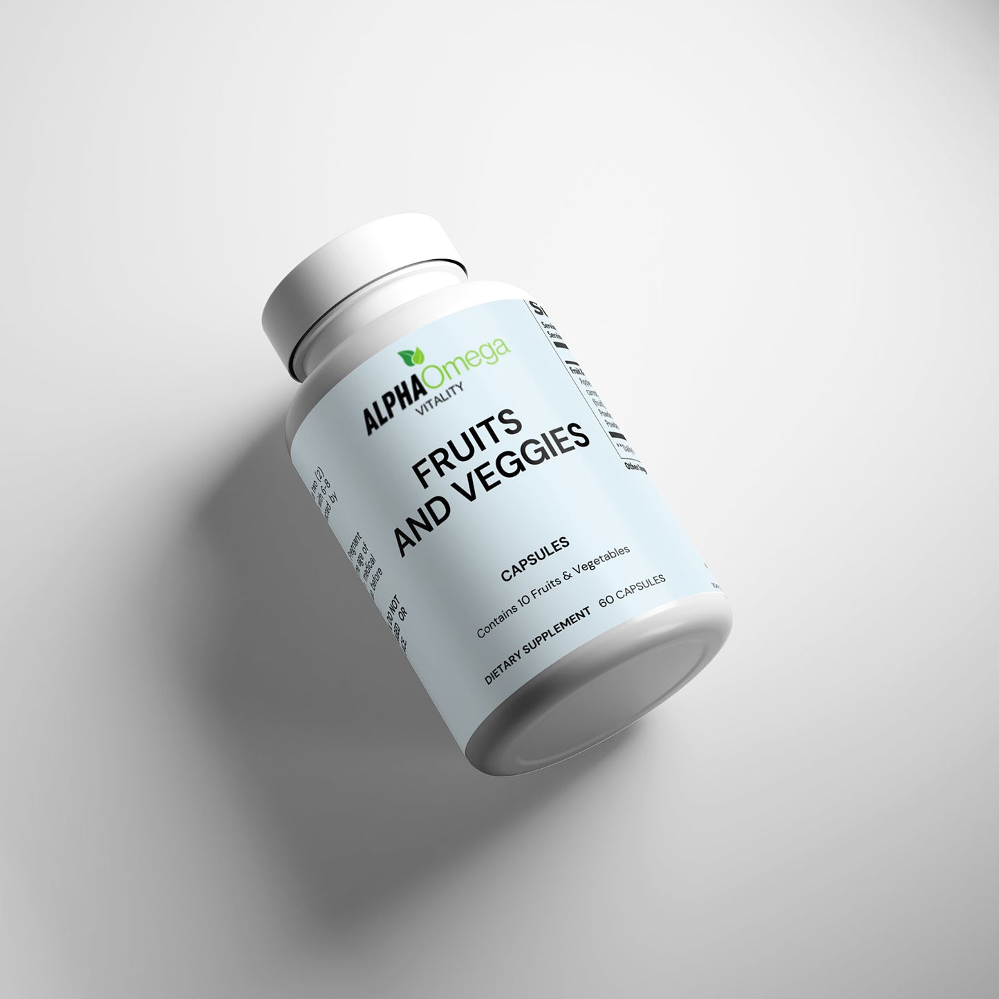 Alpha Omega Vitality natural fruits and veggies capsules in a white bottle for nutritional support